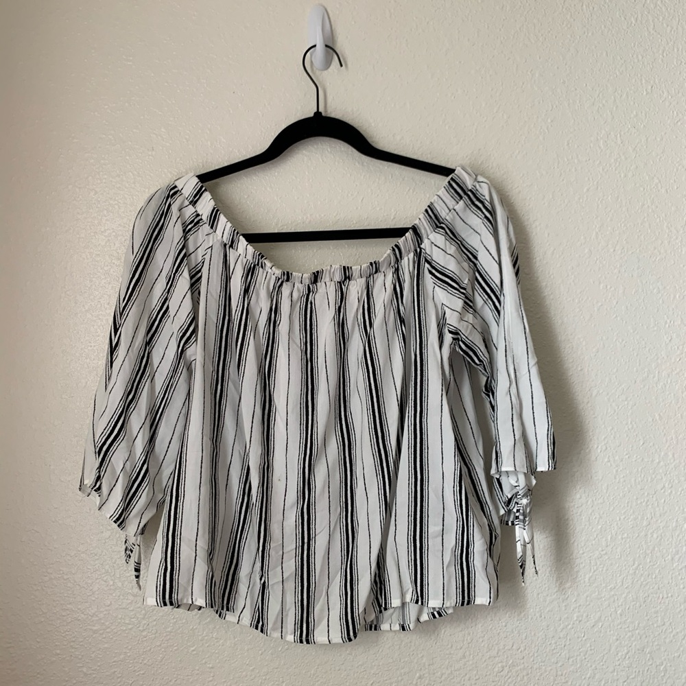 off the shoulder black and white striped blouse